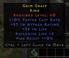 Rare Ring +10% FCR/83 Ar/34 Life/Rep Life +5/Fr 10%