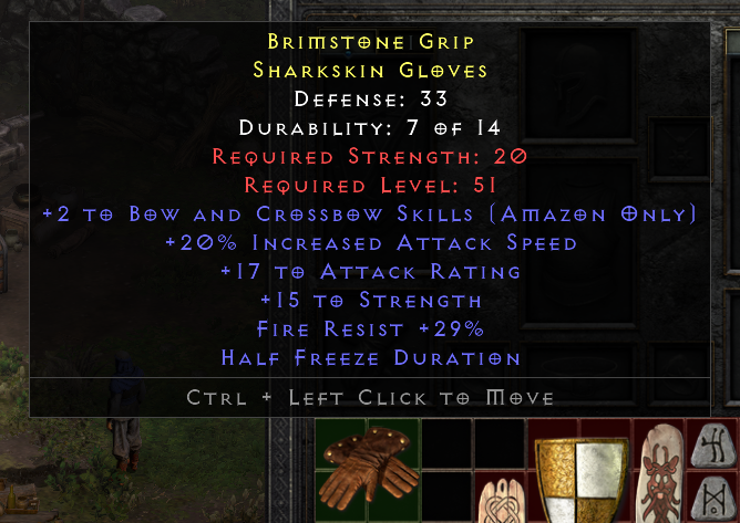 D2r Non Ladder Zon Rare Gloves +2 Bow And Crossbow Skills/20% IAS/15 Str/Fr 29%