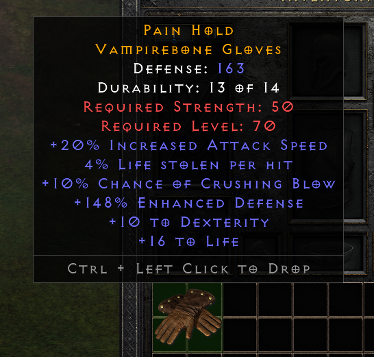 D2r Ladder Crafted Gloves +20% IAS/4%LL/10%CB/148%ed/10 Dex/16 Life