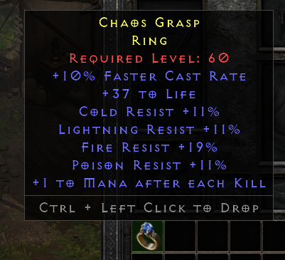 Rare Ring +10% FCR/37 Life/Cr 11%/Lr 11%/Fr 19%/Pr 11/Mana EK