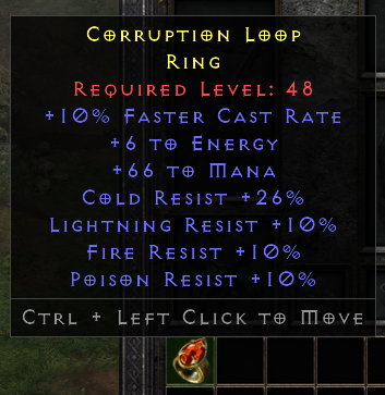 Rare Ring +10% FCR/66 Mana/Cr 26%/Lr 10%/Fr 10%/Pr 10%