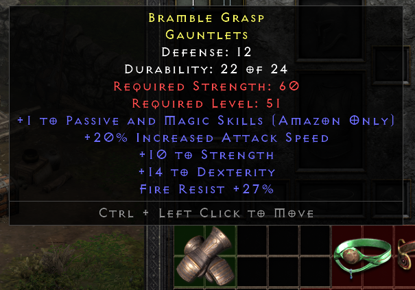 Zon Rare Gloves +1 Passive And Magic Skills/20% IAS/10 Str/14 Dex/Fr 27%