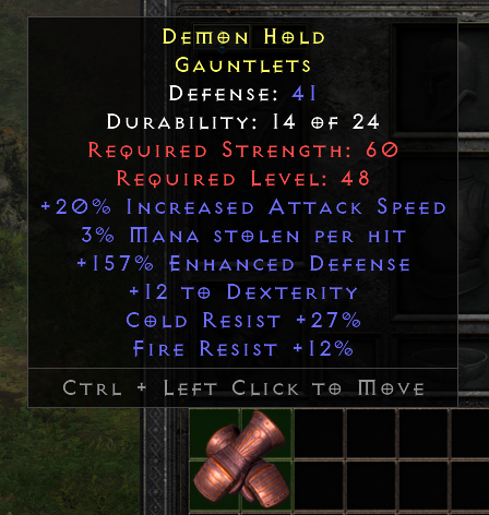 D2r Non Ladder Rare Gloves +20% IAS/3%ml/157%ed/12 Dex/Cr 27%/Fr 12%