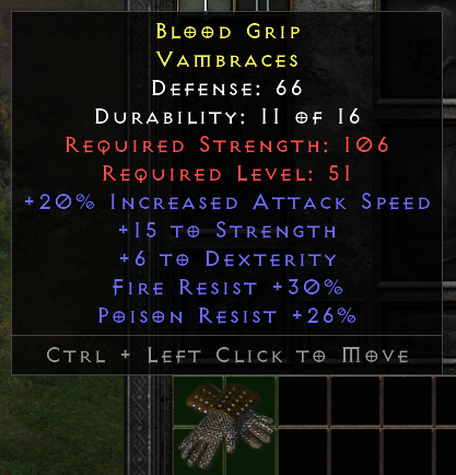 D2r Non Ladder Rare Gloves +20% IAS/15 Str/6 Dex/Fr 30%/Pr 26%