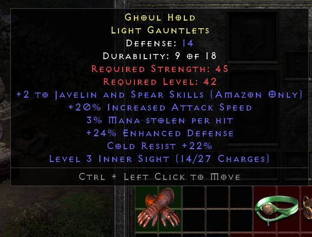 Zon Rare Gloves +2 Javelin And Speak Skills/20% IAS/3% ml/24%ed/Cr 22%