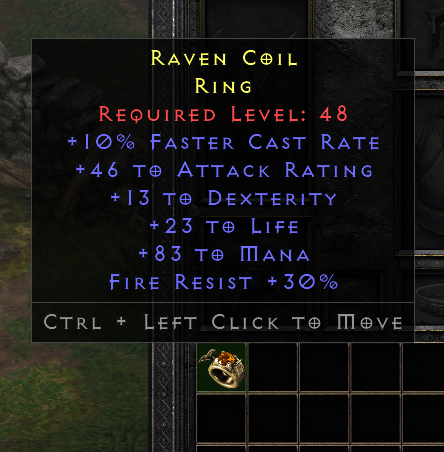 D2r Ladder Rare Ring +10% FCR/13 Dex/23 Life/83 Mana/Fr 30%
