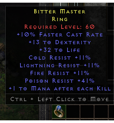 D2r non Ladder Rare Ring +10% Fcr/13 Dex/32 Life/Cr 11%/Fr 11%/Lr 11%/Pr 41%/1 EK