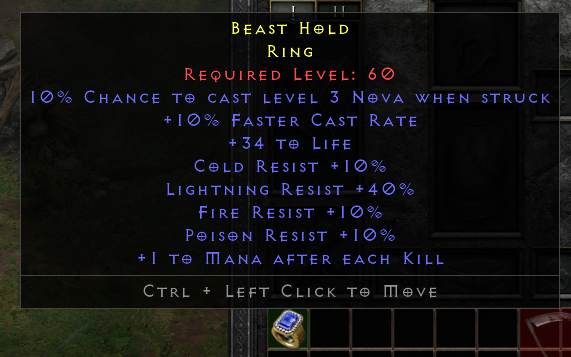 Rare Ring +10% FCR/34 Life/Cr 10%/Lr 40%/Fr 10%/Pr 10%/1 Mana EK