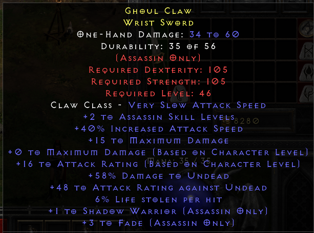 Sin Rare Wrist Sword +2 Sin Skills/40% IAS/Fools/6% LL/1 Shadow/3 Fade