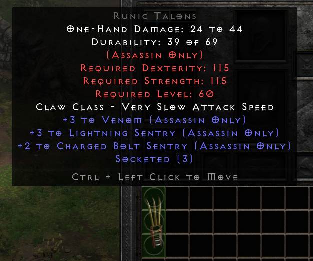 D2r Non Ladder Unmade Chaos Runic Talons + 3 Venom/3 Lightning Sentry/2 CBS/3 Sockets